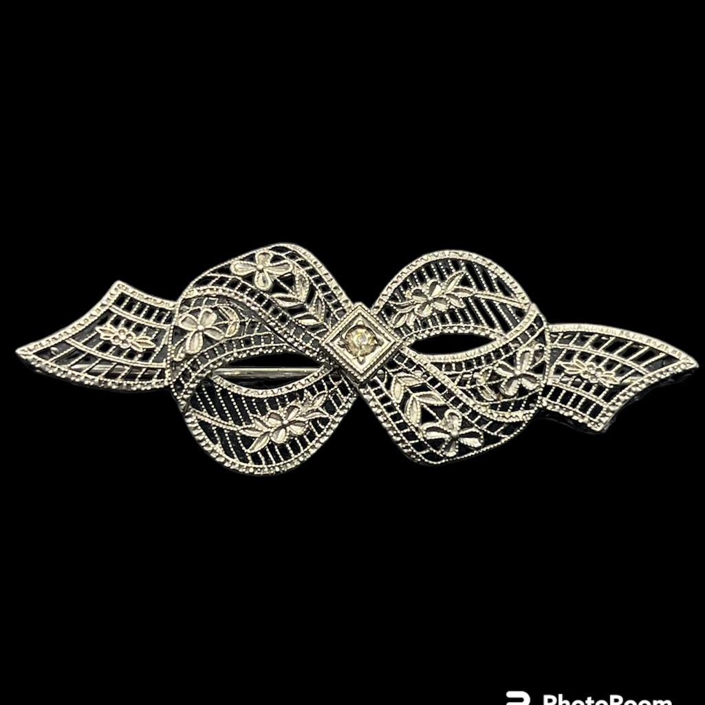 Art Deco Silver Tone Filigree Ornate Bow Flower Brooch Pin Vintage
